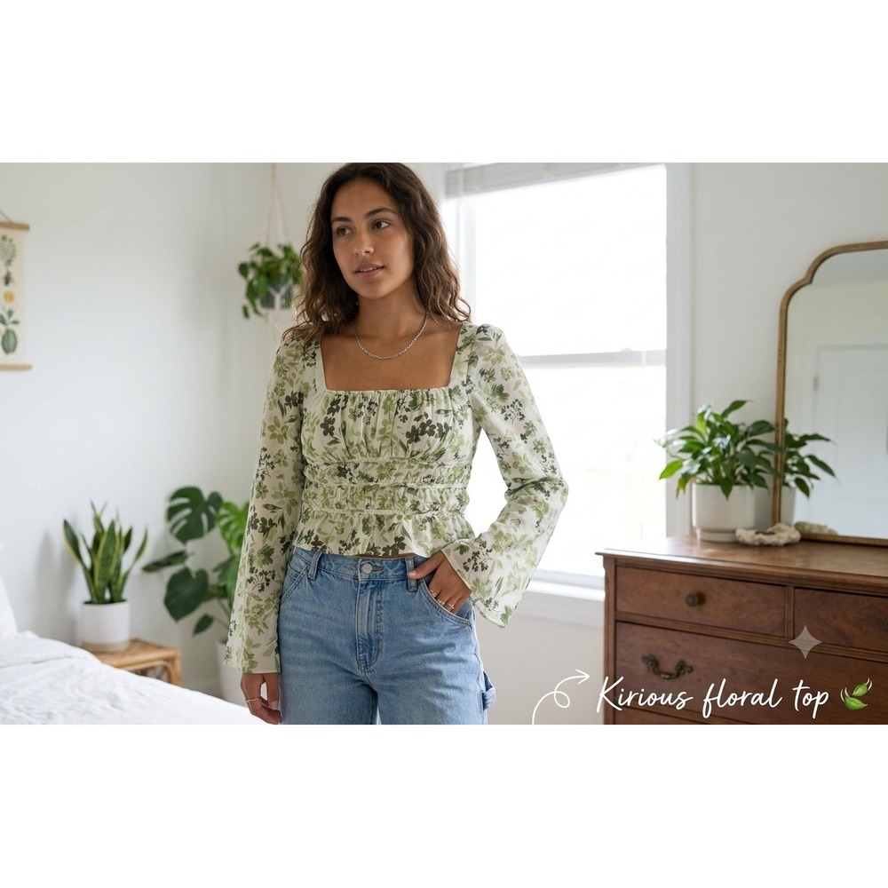 Kirious Los Angeles Green Floral Square Neck Smocked Long Sleeve Peplum Top L